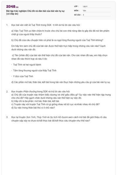 Bài tập trắc nghiệm Chủ đề và dàn bài của bài văn tự sự (có đáp án)