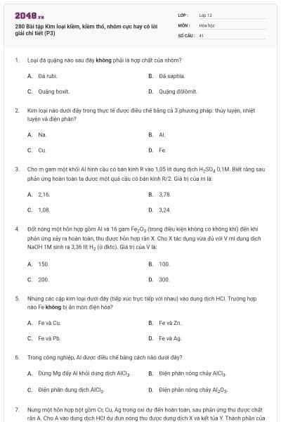 280 Bài tập Kim loại kiềm, kiềm thổ, nhôm cực hay có lời giải chi tiết (P3)