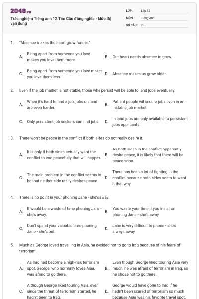 Trắc nghiệm Tiếng anh 12 Tìm Câu đồng nghĩa - Mức độ vận dụng