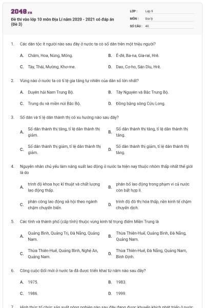Đề thi vào lớp 10 môn Địa Lí năm 2020 - 2021 có đáp án (Đề 3)