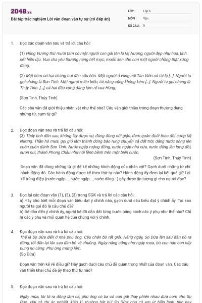 Bài tập trắc nghiệm Lời văn đoạn văn tự sự (có đáp án)