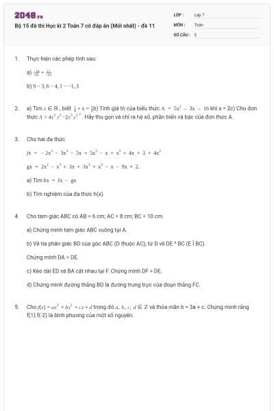 Bộ 15 đề thi Học kì 2 Toán 7 có đáp án (Mới nhất) - đề 11
