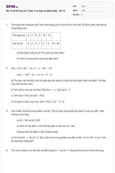 Bộ 15 đề thi Học kì 2 Toán 7 có đáp án (Mới nhất) - đề 12