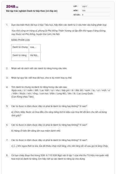 Bài tập trắc nghiệm Danh từ tiếp theo (có đáp án)