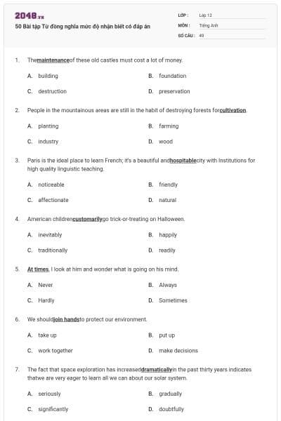 50 Bài tập Từ đồng nghĩa mức độ nhận biết có đáp án