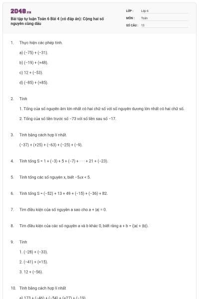 Bài tập tự luận Toán 6 Bài 4 (có đáp án): Cộng hai số nguyên cùng dấu