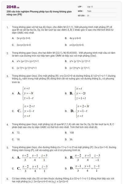 200 câu trắc nghiệm Phương pháp tọa độ trong không gian nâng cao (P8)