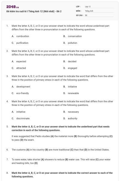 Đề kiểm tra cuối kì I Tiếng Anh 12 (Mới nhất) - Đề 2