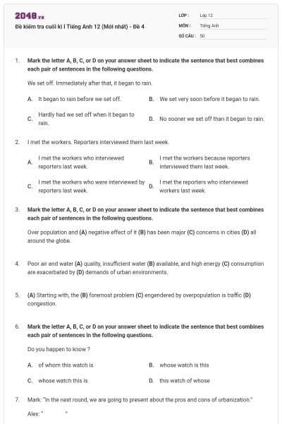 Đề kiểm tra cuối kì I Tiếng Anh 12 (Mới nhất) - Đề 4