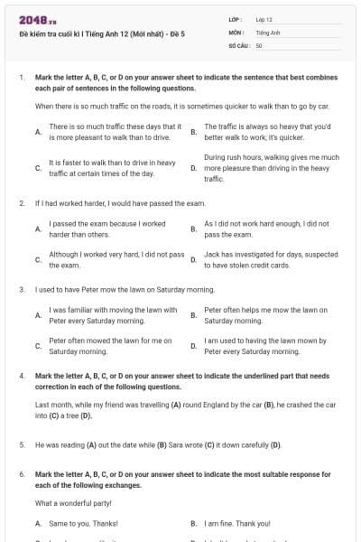 Đề kiểm tra cuối kì I Tiếng Anh 12 (Mới nhất) - Đề 5
