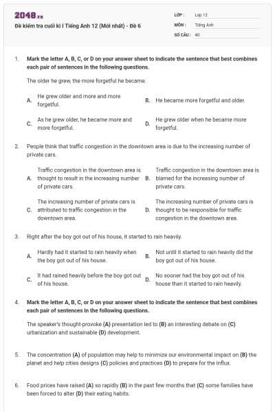 Đề kiểm tra cuối kì I Tiếng Anh 12 (Mới nhất) - Đề 6