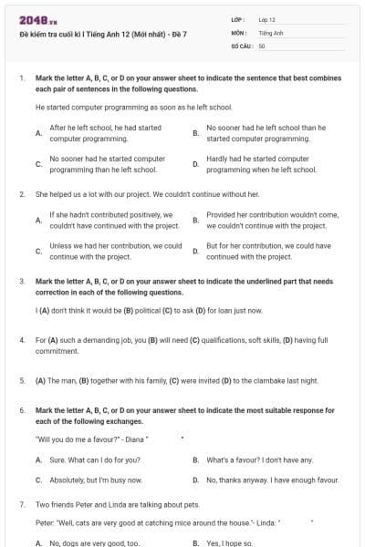 Đề kiểm tra cuối kì I Tiếng Anh 12 (Mới nhất) - Đề 7