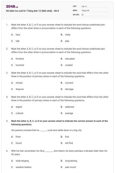 Đề kiểm tra cuối kì I Tiếng Anh 12 (Mới nhất) - Đề 8