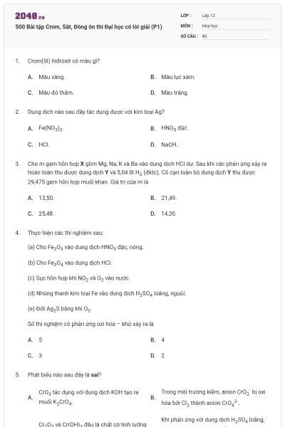 500 Bài tập Crom, Sắt, Đồng ôn thi Đại học có lời giải (P1)