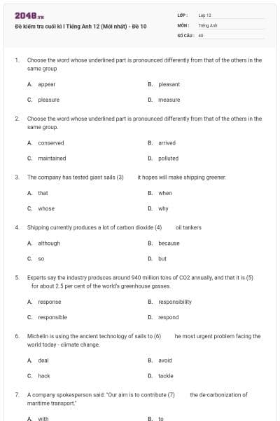 Đề kiểm tra cuối kì I Tiếng Anh 12 (Mới nhất) - Đề 10