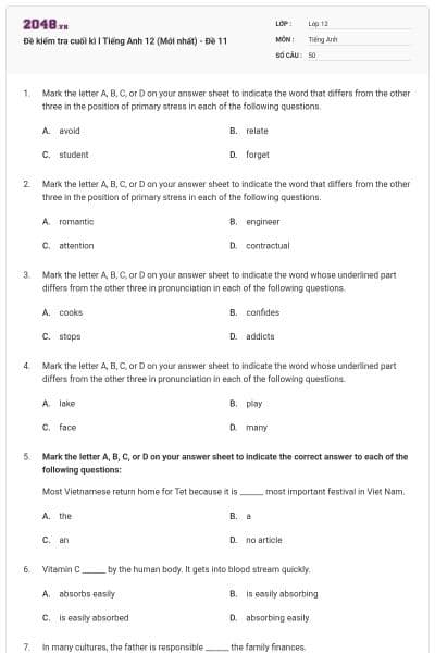 Đề kiểm tra cuối kì I Tiếng Anh 12 (Mới nhất) - Đề 11
