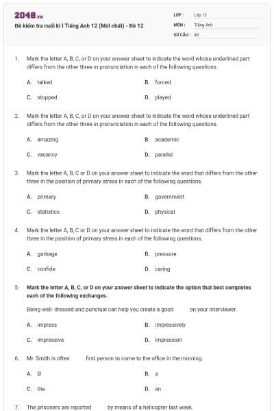 Đề kiểm tra cuối kì I Tiếng Anh 12 (Mới nhất) - Đề 12