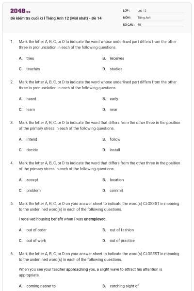 Đề kiểm tra cuối kì I Tiếng Anh 12 (Mới nhất) - Đề 14