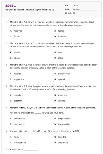 Đề kiểm tra cuối kì I Tiếng Anh 12 (Mới nhất) - Đề 16