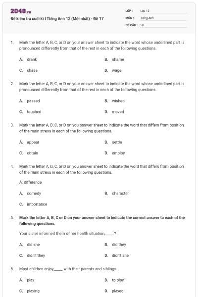 Đề kiểm tra cuối kì I Tiếng Anh 12 (Mới nhất) - Đề 17