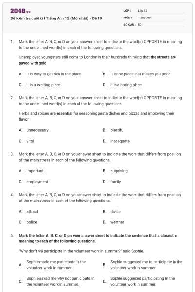 Đề kiểm tra cuối kì I Tiếng Anh 12 (Mới nhất) - Đề 18