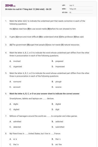 Đề kiểm tra cuối kì I Tiếng Anh 12 (Mới nhất) - Đề 20