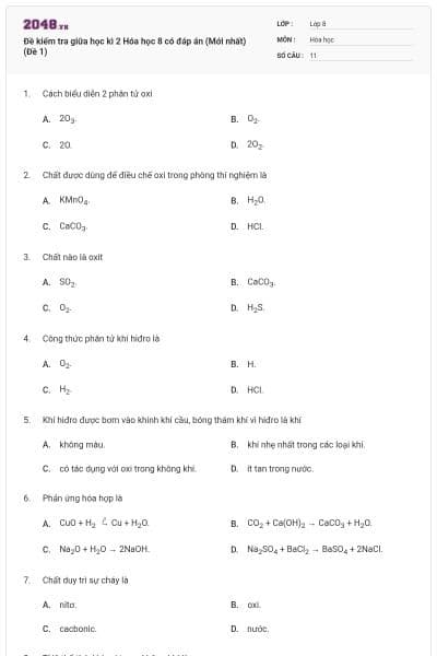 Đề kiểm tra giữa học kì 2 Hóa học 8 có đáp án (Mới nhất) (Đề 1)