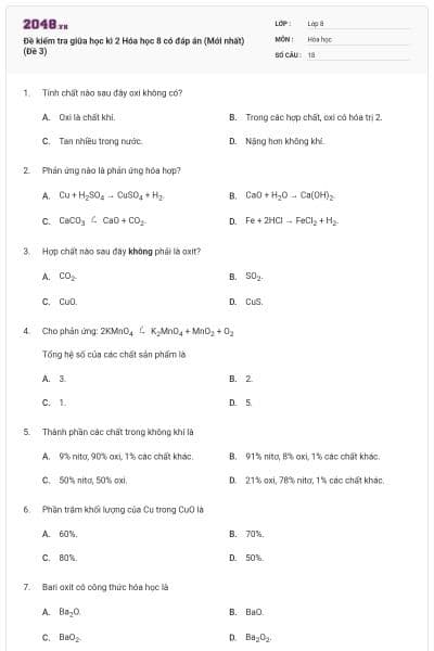 Đề kiểm tra giữa học kì 2 Hóa học 8 có đáp án (Mới nhất) (Đề 3)