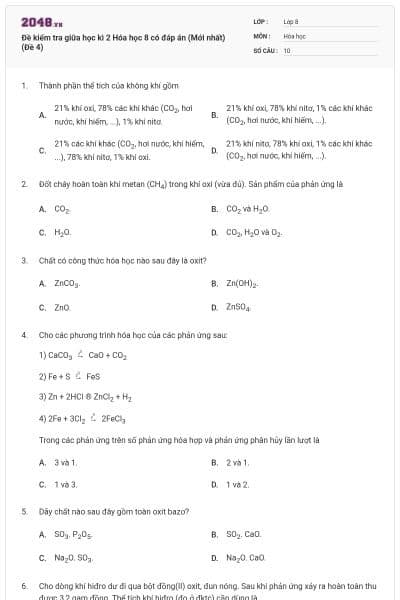 Đề kiểm tra giữa học kì 2 Hóa học 8 có đáp án (Mới nhất) (Đề 4)