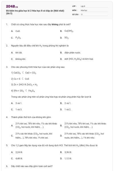 Đề kiểm tra giữa học kì 2 Hóa học 8 có đáp án (Mới nhất) (Đề 5)