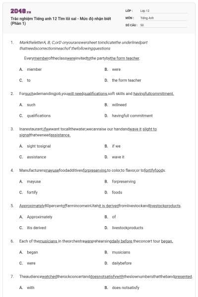 Trắc nghiệm Tiếng anh 12 Tìm lỗi sai - Mức độ nhận biết (Phần 1)