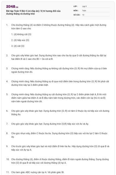 Bài tập Toán 9 Bài 4 (có đáp án): Vị trí tương đối của đường thẳng và đường tròn