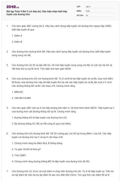 Bài tập Toán 9 Bài 5 (có đáp án): Dấu hiệu nhận biết tiếp tuyến của đường tròn
