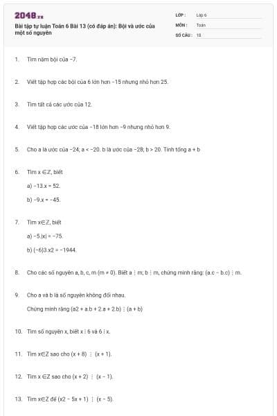 Bài tập tự luận Toán 6 Bài 13 (có đáp án): Bội và ước của một số nguyên