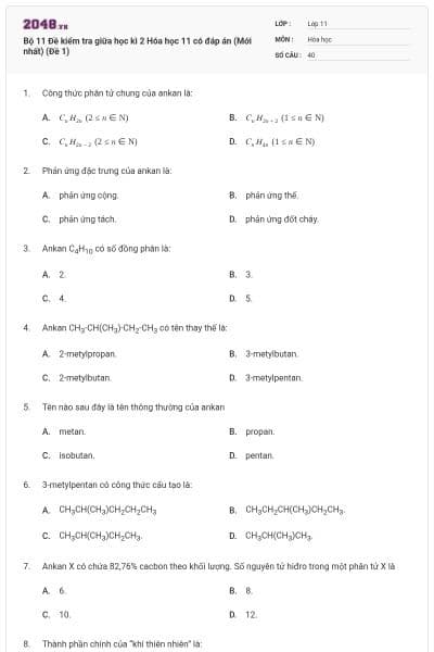 Bộ 11 Đề kiểm tra giữa học kì 2 Hóa học 11 có đáp án (Mới nhất) (Đề 1)