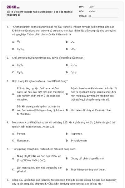 Bộ 11 Đề kiểm tra giữa học kì 2 Hóa học 11 có đáp án (Mới nhất) (Đề 3)