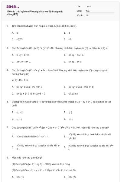 160 câu trắc nghiệm Phương pháp tọa độ trong mặt phẳng(P5)