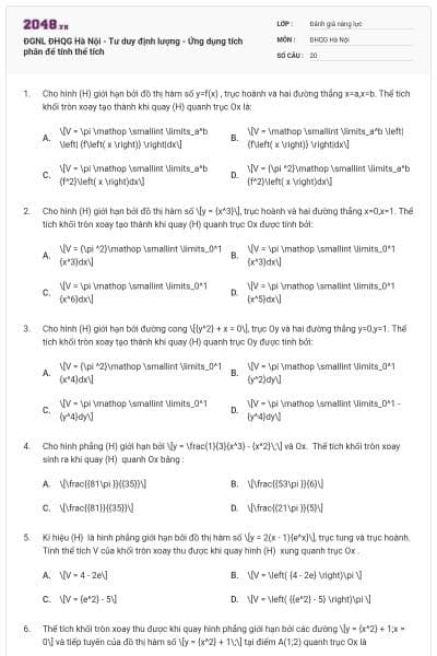 ĐGNL ĐHQG Hà Nội - Tư duy định lượng - Ứng dụng tích phân để tính thể tích