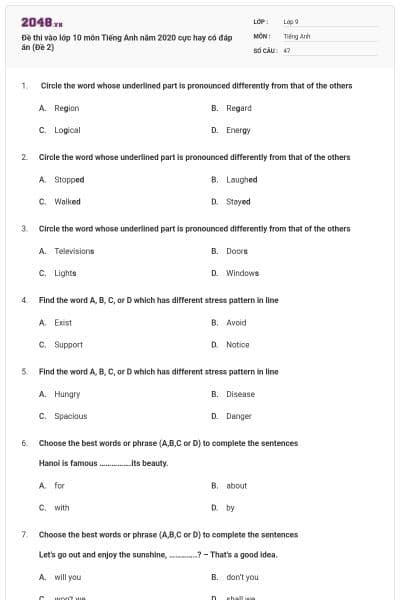 Đề thi vào lớp 10 môn Tiếng Anh năm 2020 cực hay có đáp án (Đề 2)