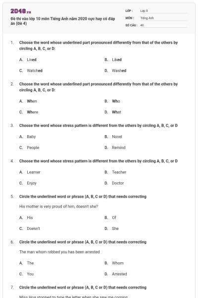 Đề thi vào lớp 10 môn Tiếng Anh năm 2020 cực hay có đáp án (Đề 4)