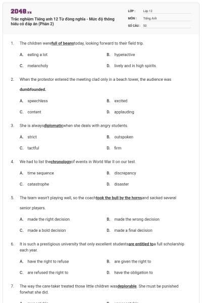 Trắc nghiệm Tiếng anh 12 Từ đồng nghĩa - Mức độ thông hiểu có đáp án (Phần 2)
