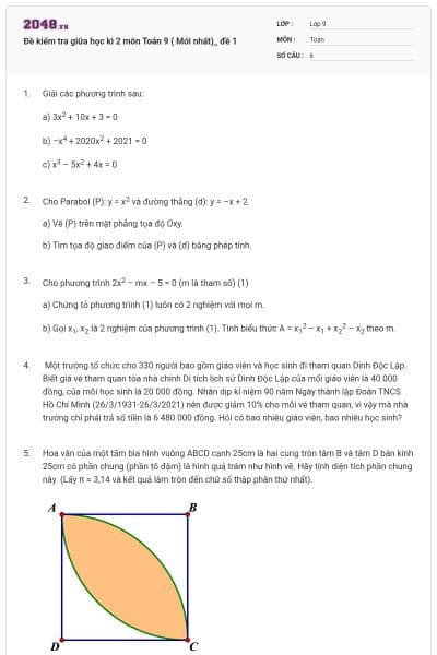 Đề kiểm tra giữa học kì 2 môn Toán 9 ( Mới nhất)_ đề 1