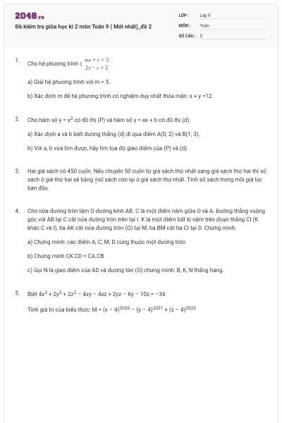 Đề kiểm tra giữa học kì 2 môn Toán 9 ( Mới nhất)_đề 2
