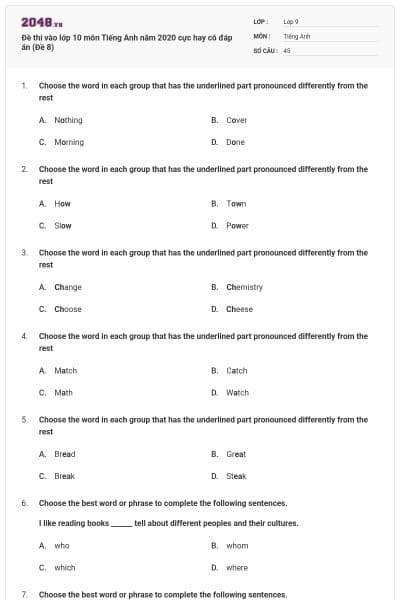 Đề thi vào lớp 10 môn Tiếng Anh năm 2020 cực hay có đáp án (Đề 8)