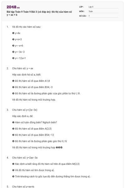Bài tập Toán 9 Toán 9 Bài 3 (có đáp án): Đồ thị của hàm số y = ax + b