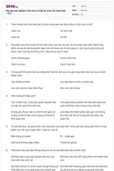 Bài tập trắc nghiệm Tiến hóa có đáp án (mức độ nhận biết - P2)