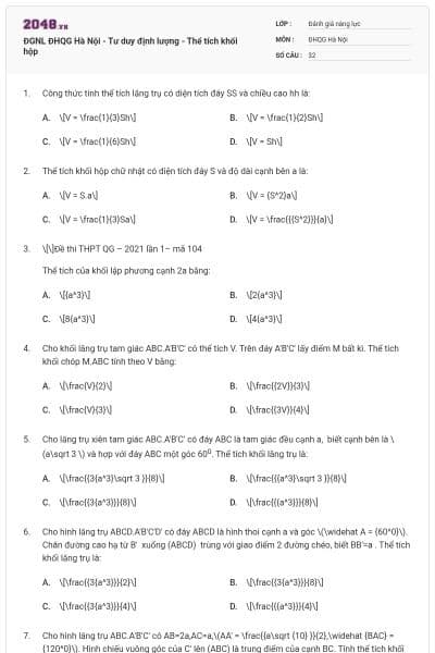 ĐGNL ĐHQG Hà Nội - Tư duy định lượng - Thể tích khối hộp