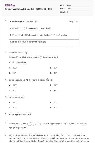 Đề kiểm tra giữa học kì 2 môn Toán 9 ( Mới nhất)_ đề 3