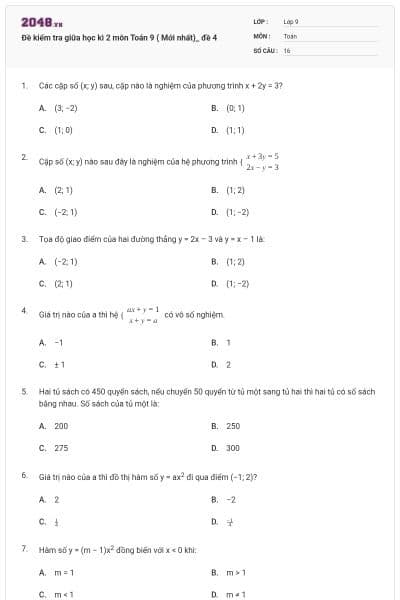 Đề kiểm tra giữa học kì 2 môn Toán 9 ( Mới nhất)_ đề 4