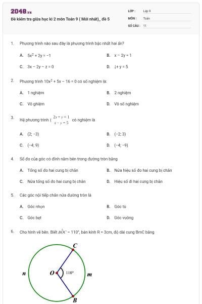 Đề kiểm tra giữa học kì 2 môn Toán 9 ( Mới nhất)_ đề 5